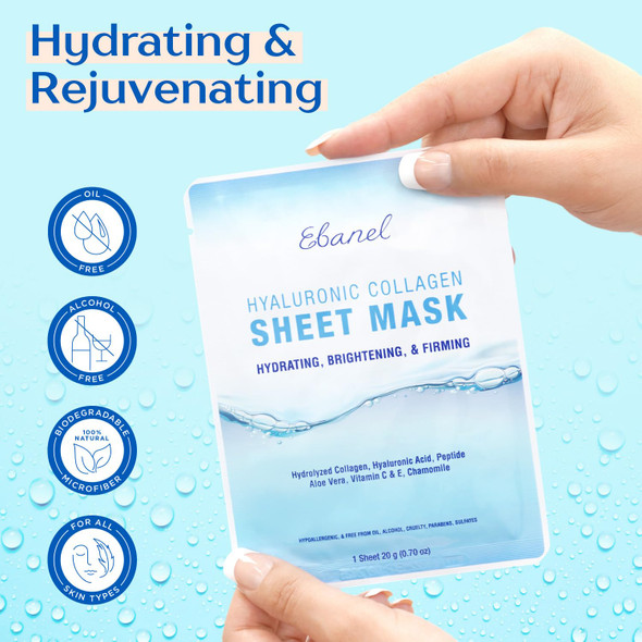 Ebanel 15 Pack Collagen Face Mask With Hyaluronic Acid, Vitamin C, Peptide, Aloe, Instant Brightening Hydrating Face Masks Skincare Korean Sheet Mask, Skin Firming, Lifting Anti Aging Facial Masks