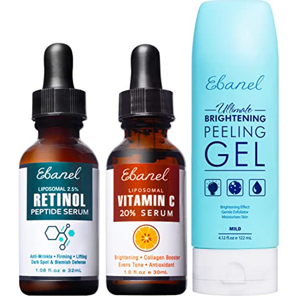 Ebanel Bundle Of 2.5% Retinol Serum, 20% Vitamin C Serum, And Exfoliating Face Scrub Peeling Gel 4.12 Oz