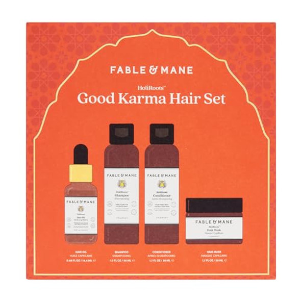 Fable & Mane Good Karma Hair  Set, For Stronger, Healthier Hair. Travel-Sized Minis Of Holiroots Hair Oil, Hydrating Shampoo, Conditioner And Hair Mask