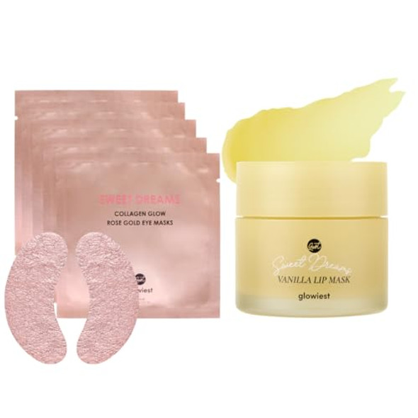 Glowiest Sweet Dreams Collagen Glow Rose Gold Eye Masks Under Eye Patches For Puffy Eyes + Sweet Dreams Vanilla Lip Mask