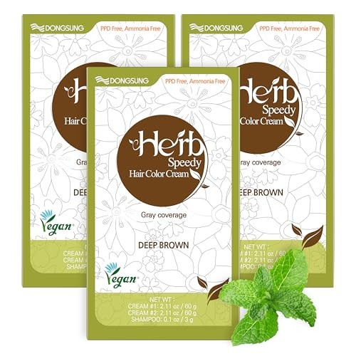 Dongsung Herb Speedy Color Cream(Deep Brown, 3Pack)–Korean Herbal Vegan Hair Dye Ppd- Ammonia- Hypoallergenic 100% Gray Coverage, Odorless, Dermatologically Tested, Quick 20-Minute Application