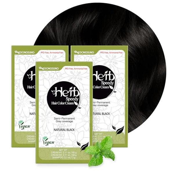 Dongsung Herb Speedy Color Cream(Natural Black 3Pack)– Korean Herbal Vegan Hair Dye Ppd- Ammonia- Hypoallergenic 100% Gray Coverage Odorless Dermatologically Tested Quick 20-Minute Application