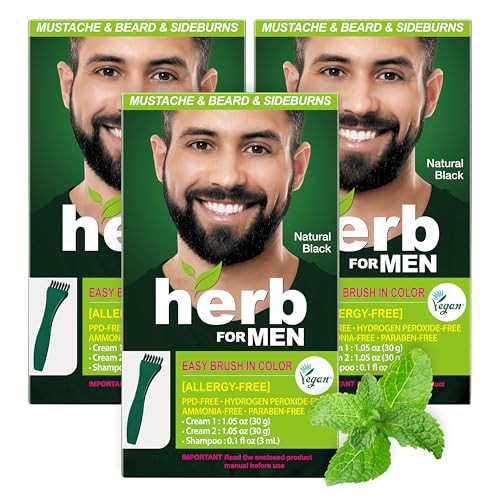 Herb For Men Mustache & Beard Dye (Nature Black, 3 Pack), Ppd- Ammonia-, Vegan With Natural Ingredients, Odorless, Gentle For Sensitive Skin, No Skin Irritation