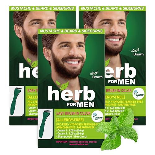 Herb For Men Mustache & Beard Dye (Deep Brown, 3 Pack), Ppd- Ammonia- Hypoallergenic Beard Dye Vegan With Natural Ingredients, Odorless, Gentle For Sensitive Skin, No Skin Irritation
