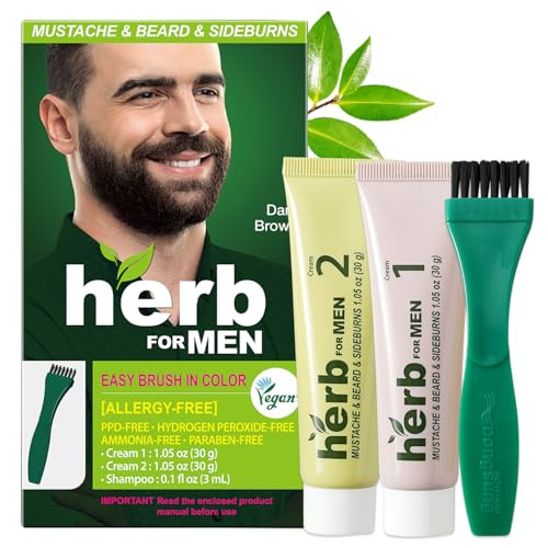 Herb For Men Mustache & Beard Dye (Dark Brown, 1 Pack), Ppd- Ammonia-, Vegan With Natural Ingredients, Odorless, Gentle For Sensitive Skin, No Skin Irritation