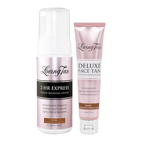 Loving Tan 2 Hr Express Mousse (4Fl Oz) + Face Tan (1.6Oz), Dark - Streak , Natural Looking, Professional Strength Sunless Tanner - Cruelty , Naturally Derived Dha