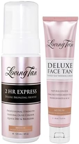 Loving Tan 2 Hr Express Mousse (4Fl Oz) + Face Tan (1.6Oz), Medium - Streak , Natural Looking, Professional Strength Sunless Tanner - Cruelty , Naturally Derived Dha