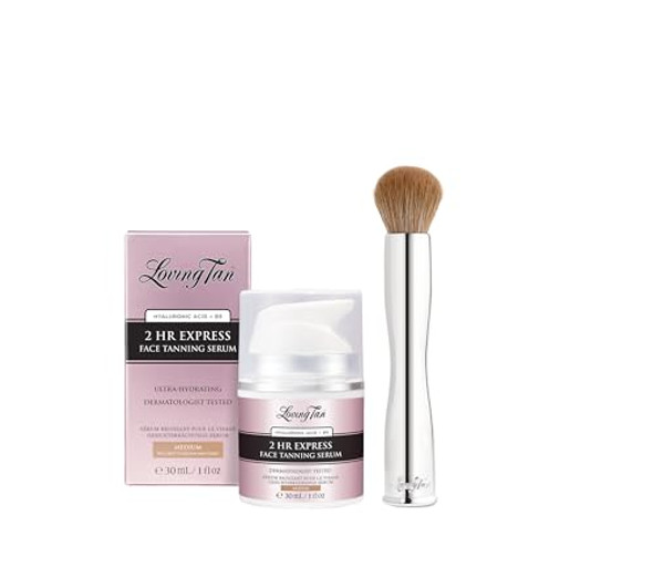 Loving Tan  2Hr Express Face Tanning Serum, Medium - Streak , Natural, Professional Quality Sunless Tanning + Flawless Face Tan Brush - Self Tanning & Contouring, Use With Mousse Or Cream