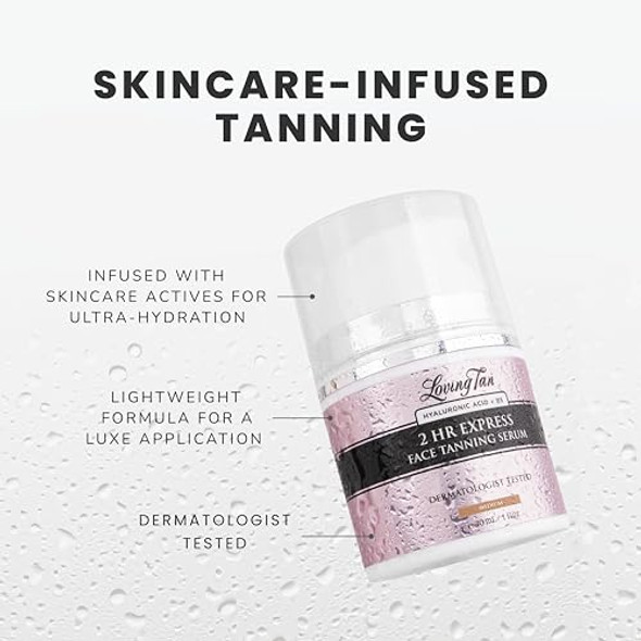 Loving Tan  2Hr Express Face Tanning Serum, Medium - Streak , Natural, Professional Quality Sunless Tanning + Flawless Face Tan Brush - Self Tanning & Contouring, Use With Mousse Or Cream