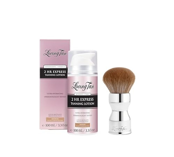 Loving Tan  2 Hr Express Self Tanning Body Lotion, Medium - Hydrating Natural-Looking Glow Sunless Self Tanner + Flawless Blending Brush - Streak- Application, Ultra-Soft Vegan Bristles