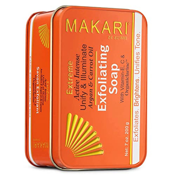 Makari Extreme Active Intense Argan & Carrot Oil Exfoliating Soap (7Oz)  Advanced Brightening Bar Soap  With Apricot Seed Extract And Vitamins C & E  Helps Reveal Natural Skin Radiance