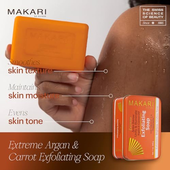 Makari Extreme Active Intense Argan & Carrot Oil Exfoliating Soap (7Oz)  Advanced Brightening Bar Soap  With Apricot Seed Extract And Vitamins C & E  Helps Reveal Natural Skin Radiance