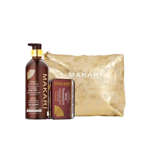 Makari Exclusive Skin Care 2-Piece  Set  Self Care Kit With Body Toning Milk Lotion With Organiclarine Ideal For All Skin Types & Exfoliating Soap  Makeup s For Women With  Makeup Bag Makari Exclusive Skin Care 2-Piece  Set  Self Care Kit With Body Toning Milk Lotion With Organiclarine Ideal For All Skin Types & Exfoliating Soap  Makeup s For Women With  Makeup Bag