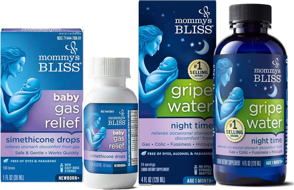 Mommy'S Bliss Fast-Acting Baby Gas Relief Drops 100 Servings (Pack Of 1) With Gripe Water Night Time 24 Servings (Pack Of 1) For Day/Night Gas Relief