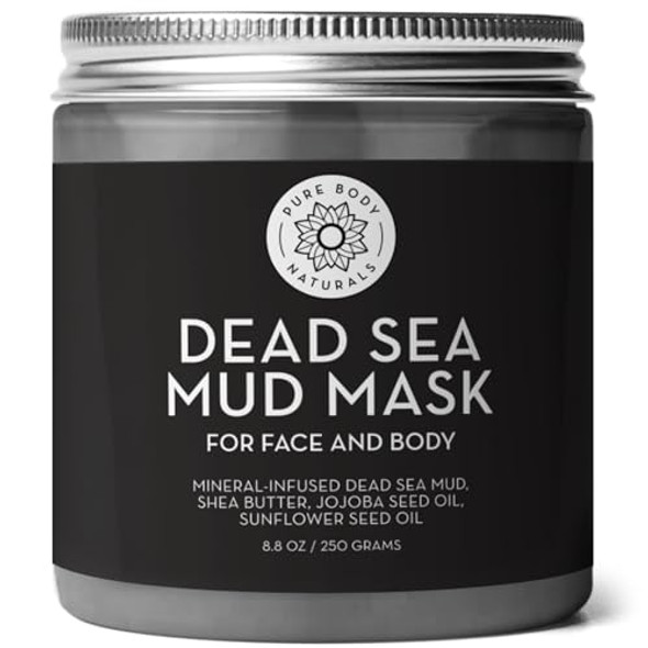 Pure Body Naturals Dead Sea Mud Mask - Face Mask And Body Mud For Acne, Blackheads, And Oily Skin - Facial Self Care For Men And Women - Minimize Pores With Deadsea Mud, Clay, Charcoal - 8.8 Ounce