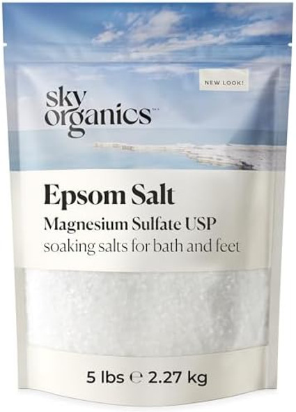 Sky Organics - Epsom Salt Bath Soak, 5 Lbs - Magnesium Sulfate Usp - 100% Pure, Medium Grain - Unscented - Soaking Bath Salts - Resealable Bag - Natural, Vegan & Cruelty  - Self Care - Bath & Feet