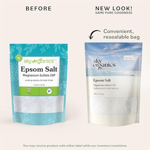 Sky Organics - Epsom Salt Bath Soak, 5 Lbs - Magnesium Sulfate Usp - 100% Pure, Medium Grain - Unscented - Soaking Bath Salts - Resealable Bag - Natural, Vegan & Cruelty  - Self Care - Bath & Feet