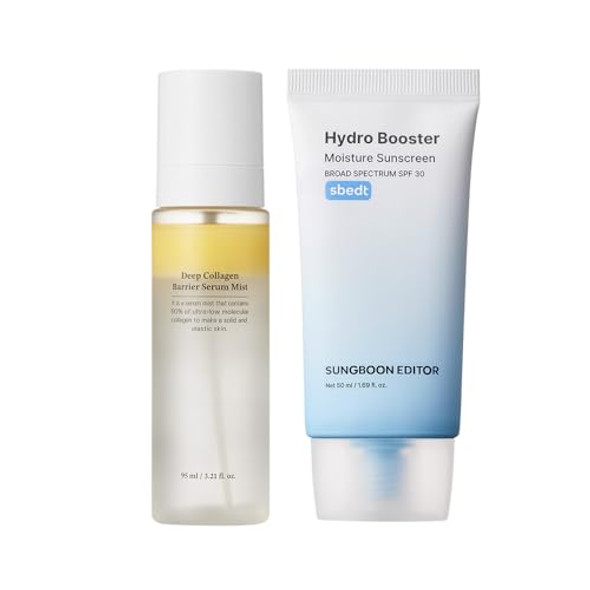 Sungboon Editor Glowing Glass Skin Duo : Deep Collagen Barrier Serum Mist & Hydro Booster Moisture Sunscreen, For Radiant Skin, Korean Skin Care