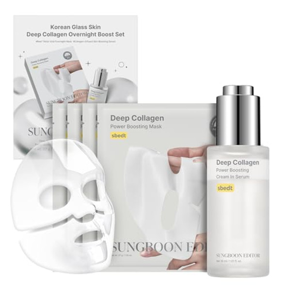 Sungboon Editor Deep Collagen Boost Set  Collagen Face Mask & Serum For Face, Real Collagen 2,160,000Ppb, Volufiline, Glass Skin, Skin Elasticity, Volumizing, Korean Skin Care, 37Gx4Ea & 1.01Fl.Oz