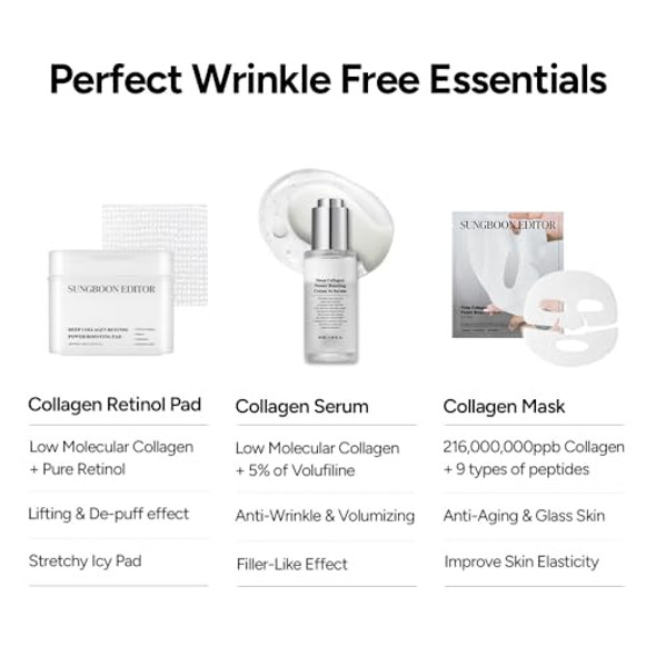 Sungboon Editor Wrinkle  Essentials: Deep Collagen Mask(4Ea) & Boosting Pad & Cream In Serum, Hydrating For Sensitive Skin, Wrinkle Care, Low Molecular Weight Collagen For Elasticity And Soothing
