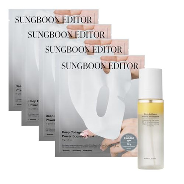 Sungboon Editor Wrinkle  Mist Duo: Deep Collagen Power Boosting Mask Sheets (4Ea) & Deep Collagen Barrier Serum Mist, Hydrating  Set For Women & Moms, Korean Skincare