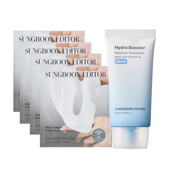 Sungboon Editor Day And Night Care With Collagen Mask : Deep Collagen Mask (4Ea) & Hydro Booster Moisture Sunscreen, Summer Essentials, Travel Essentials
