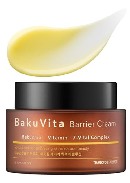 Thankyou Farmer Bakuvita Barrier Cream - Bakuchiol Cream, Day & Night Korean Moisturizer, Bakuchiol Retinol Alternative, Vitamin C + E Korean Serum, Pore Care, Firming, Vegan 1.75 Fl Oz (50Ml)