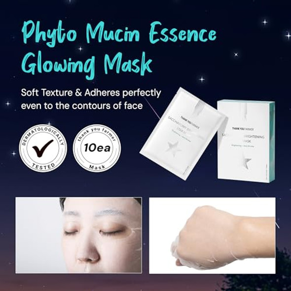 Thankyou Farmer Saccharomy Brightening Star Mask (10Ea) - Phyto Mucin Essence For Glowing, Niacinamide, Fermented Rice, Saccharomyces, Korean Sheet Mask For Dry And Dehydrated Skin (10)