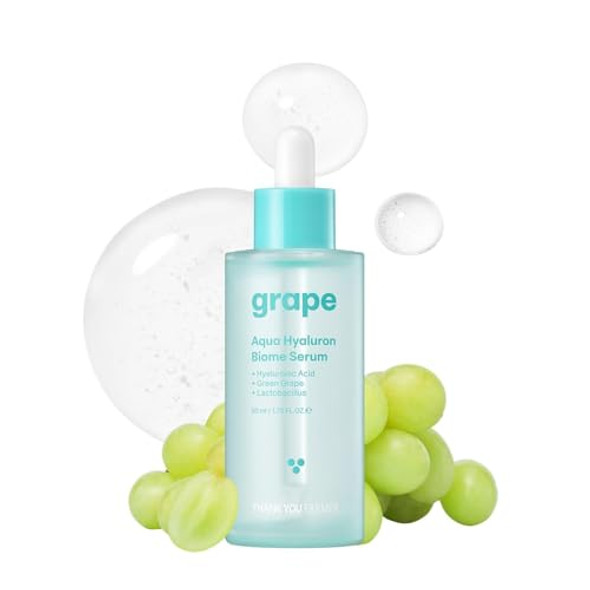 Thankyou Farmer Grape Aqua Hyaluron Biome Serum, 10 Types Hyaluronic Acid Serum For Face, Non-Comedogenic, Dewy Soft Skin, Lactobacillus Ferment, Hydrating Korean Serum For Face 1.75 Fl.Oz 50Ml