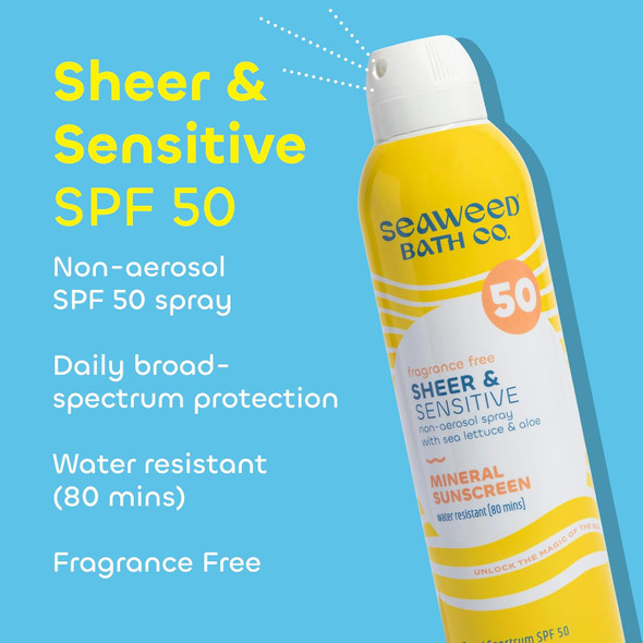 Seaweed Bath Co. Sheer Mineral Sensitive Spf 50 Broad Spectrum Sunscreen Spray - Fragrance , Non-Nano, Skin-Friendly Formula - 6 Oz