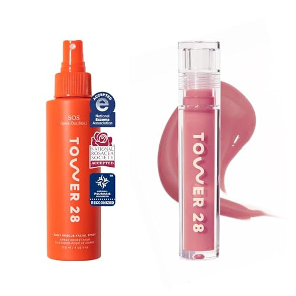 Tower 28 Sos Daily Rescue Facial Spray 4 Fl Oz & Tower 28 Shineon Milky Lip Jelly, Pistachio