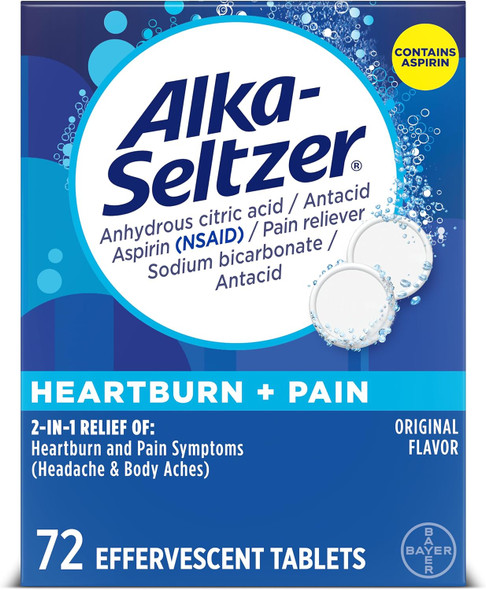 Alka-Seltzer Heartburn + Pain Effervescent Aspirin + Antacid Tablets, Fast Heartburn Relief And Acid Indigestion Relief, Pain Relief With Aspirin, 72 Ct Alka-Seltzer Heartburn + Pain Effervescent Aspirin + Antacid Tablets, Fast Heartburn Relief And Acid Indigestion Relief, Pain Relief With Aspirin, 72 Ct