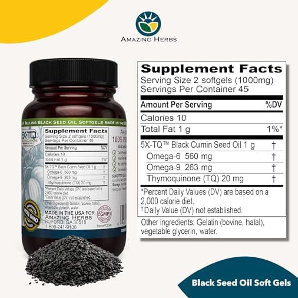Amazing Herbs Premium Black Seed Oil Capsules - Gluten , Non Gmo, Cold Pressed Nigella Sativa Aids In Digestive Health, Immune Support, Brain Function - 90 Count, 500Mg (Pack Of 2)