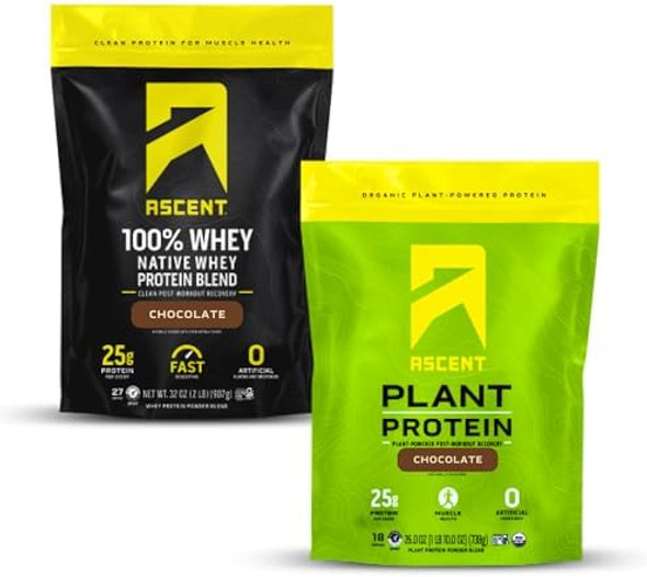 Ascent Whey 2 Lb + Plant Protein Powder 18 Servings - Chocolate