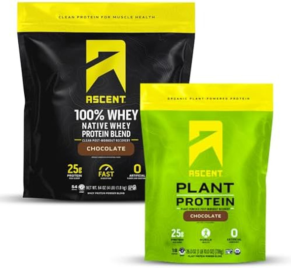 Ascent Whey 4 Lb + Plant Protein Powder 18 Servings - Chocolate