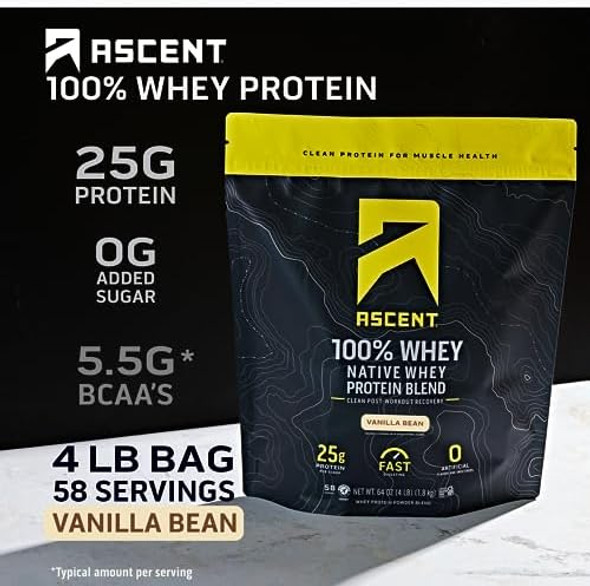 Ascent 100% Whey Protein Powder, Vanilla Bean 4 Lb & Creatine Monohydrate Powder, Unflavored 45 Servings