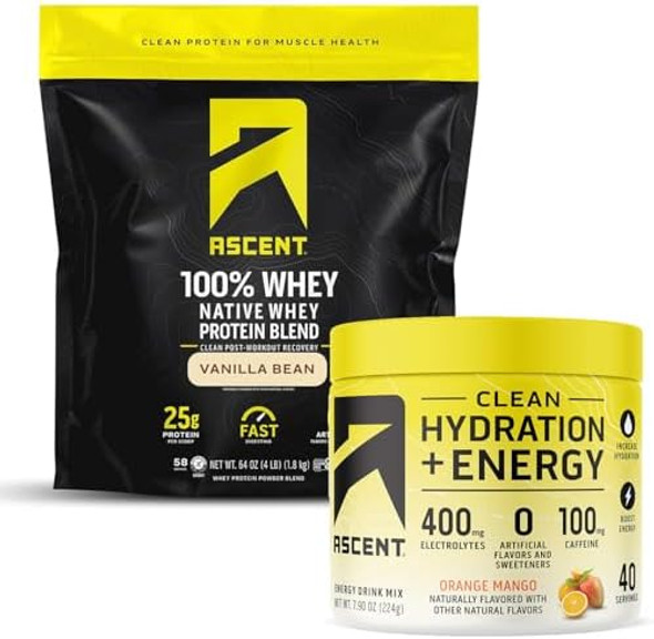 Ascent 100% Whey Protein Powder, Vanilla Bean 4 Lb & Hydration + Energy Electrolytes, Orange Mango 40 Servings