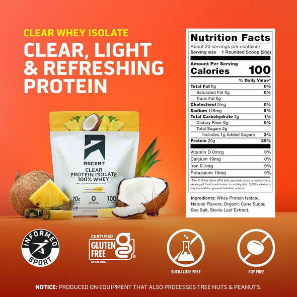 Ascent 100% Clear Whey Protein Powder, 20 Serv