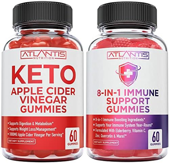 Atlantis Nutrition 60 Keto Apple Cider Vinegar Gummies + 60 8-In-1 Immune Support Gummies