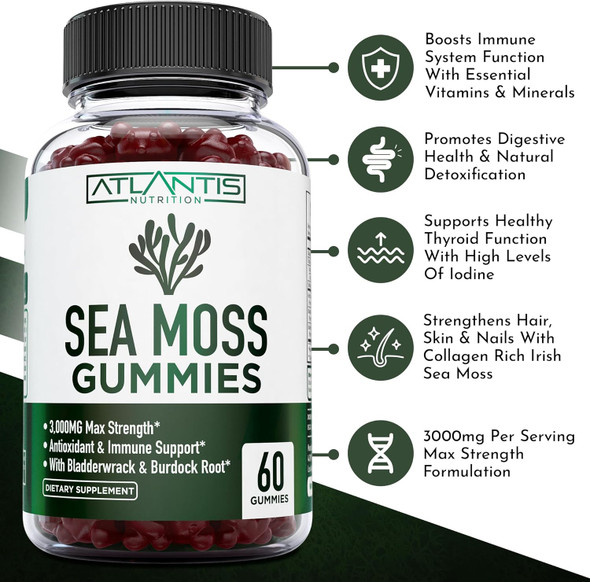 Irish Sea Moss Gummies - 3000Mg - Formulated W/ Irish Sea Moss, Bladderwrack & Burdock Root, Contain Essential Vitamin & Mineral - Antioxidant-Rich Superfood Supplement, 60 Sea Moss Gummies For Adults Irish Sea Moss Gummies - 3000Mg - Formulated W/ Irish Sea Moss, Bladderwrack & Burdock Root, Contain Essential Vitamin & Mineral - Antioxidant-Rich Superfood Supplement, 60 Sea Moss Gummies For Adults
