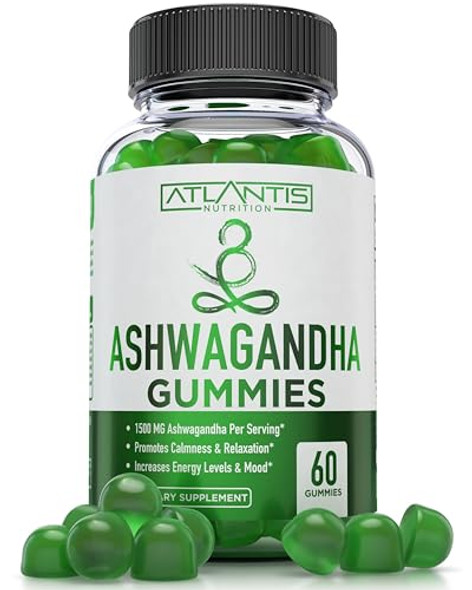 Atlantis Nutrition Ashwagandha Gummies - 1500 Mg Per Serving - Promotes Calmness, Improves Mood, Boosts Energy Levels & Strengthens Immune System - Formulated With Vitamin D & Zinc - Vegan  60 Count