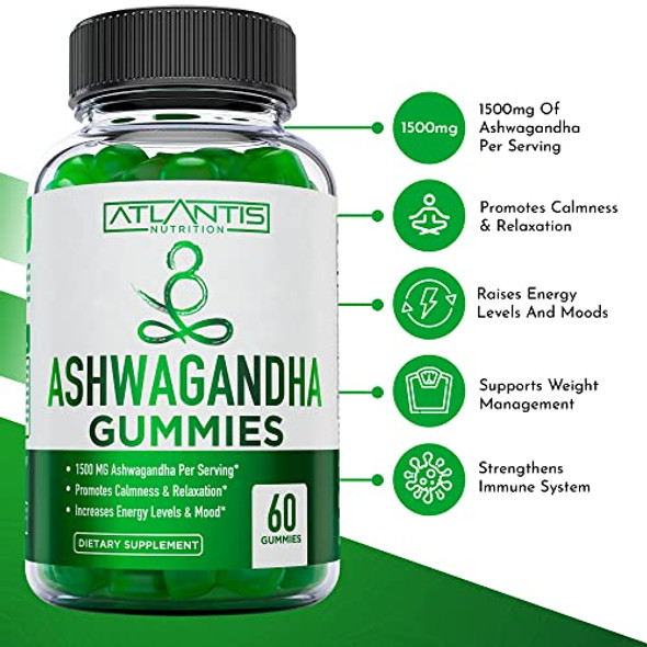 Atlantis Nutrition Ashwagandha Gummies - 1500 Mg Per Serving - Promotes Calmness, Improves Mood, Boosts Energy Levels & Strengthens Immune System - Formulated With Vitamin D & Zinc - Vegan  60 Count