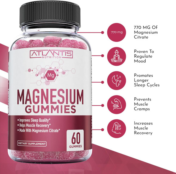 Atlantis Nutrition Magnesium Citrate Gummies – 770Mg Magnesium Citrate For Kids & Adults  Supports Muscle Recovery, Eases Cramps, Promotes Calmness & Better Sleep  60 Vegan Gummies