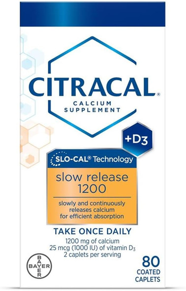 Citracal Slow Release- Calcium 1200 mg with Vitamin D3, Magnesium, Calcium Supplement, Bone Health Support, Take Once Daily Caplet,80 Count