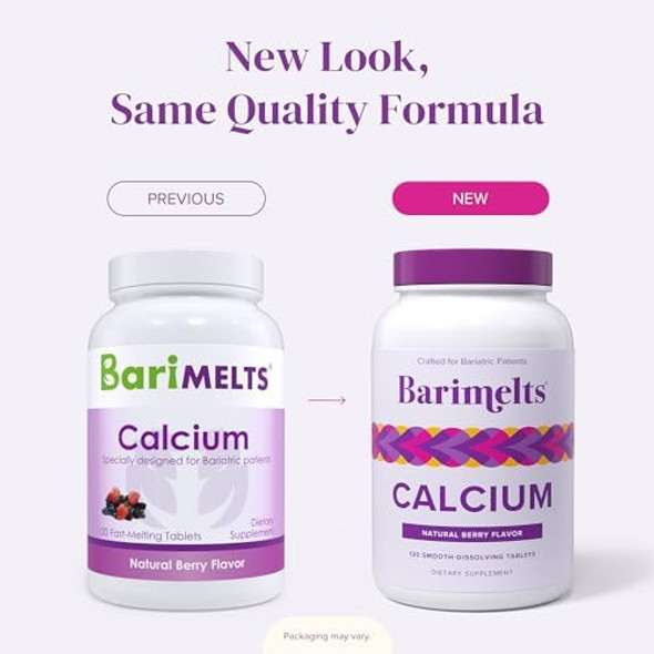 Barimelts Calcium Citrate With Vitamin D3 & Magnesium, 120 Smooth-Dissolving Tablets (1-Month Supply), Bariatric Calcium Supplements For Women, Natural Berry Flavor​