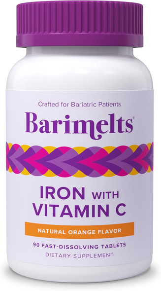 Barimelts Iron With Vitamin C, 90 Fast-Dissolving Tablets (1-Month Supply), Sugar- Bariatric Iron Supplement For Women, Natural Orange Flavor​