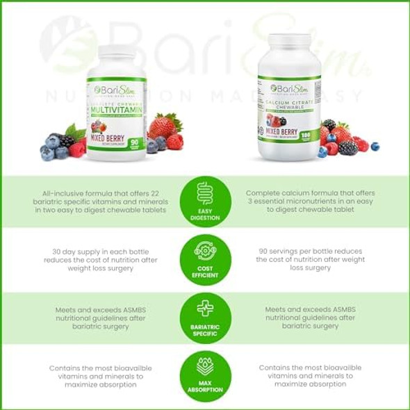 Barislim Bariatric Calcium Citrate & Complete Chewable Bariatric Multivitamin - Bariatric Vitamin And Supplement For Post Bariatric Surgery Including Gastric Bypass And Gastric Sleeve