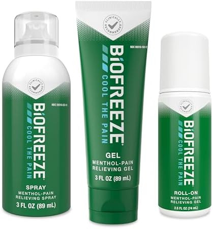 Bioze Pain Relief Roll-On 2.5 Fl Oz, Gel 3 Fl Oz, And Spray 3 Fl Oz Variety Pack Topical Pain Reliever For Muscles And Joints From Arthritis, Backache, Strains, Bruises, Sprains (Package May Vary)