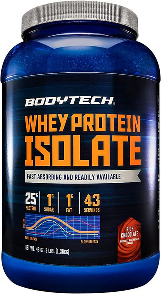 Bodytech Whey Protein Isolate Powder - Rich Chocolate Flavor - Premium Protein Supplement For Muscle Growth And Recovery - Low Carb And High Protein Formula For Performance (3 Lbs/ 43 Servings)