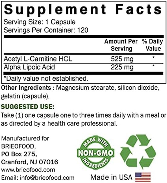 Brieofood Acetyl L-Carnitine Alpha Lipoic Acid (Ala Alc) 750 Mg 120 Capsules Brieofood Acetyl L-Carnitine Alpha Lipoic Acid (Ala Alc) 750 Mg 120 Capsules